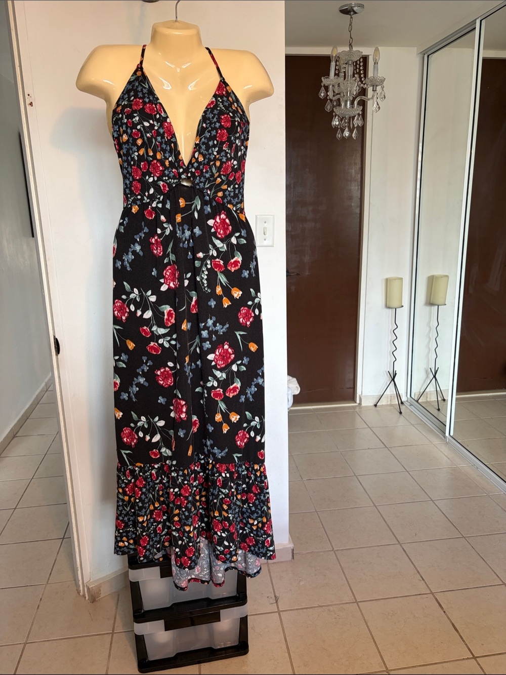 Black Floral High-Low Maxi Dress with Deep V